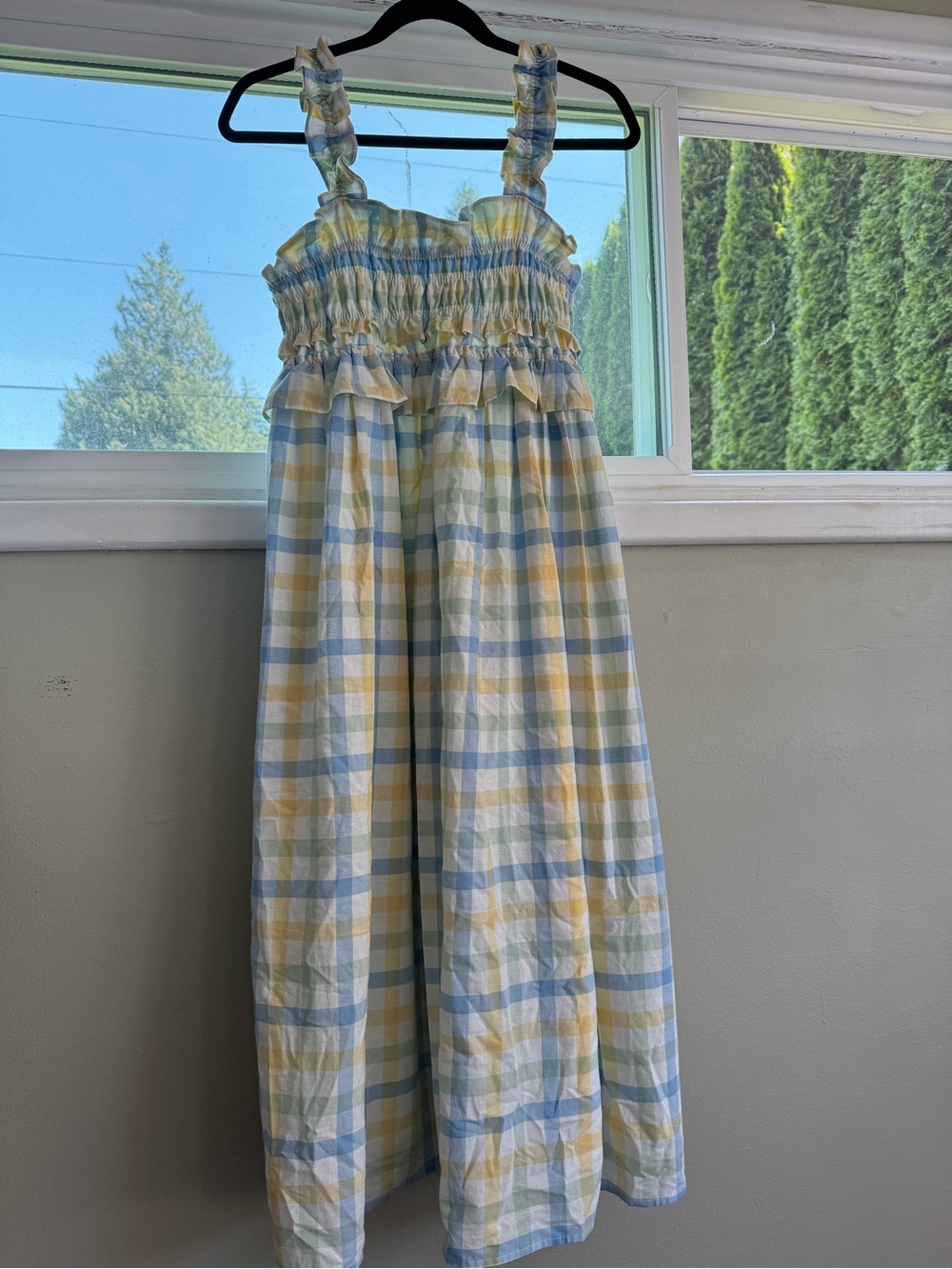 Camilla Pastel Plaid Smocked Maxi Dress in Blue, Yellow & Cream